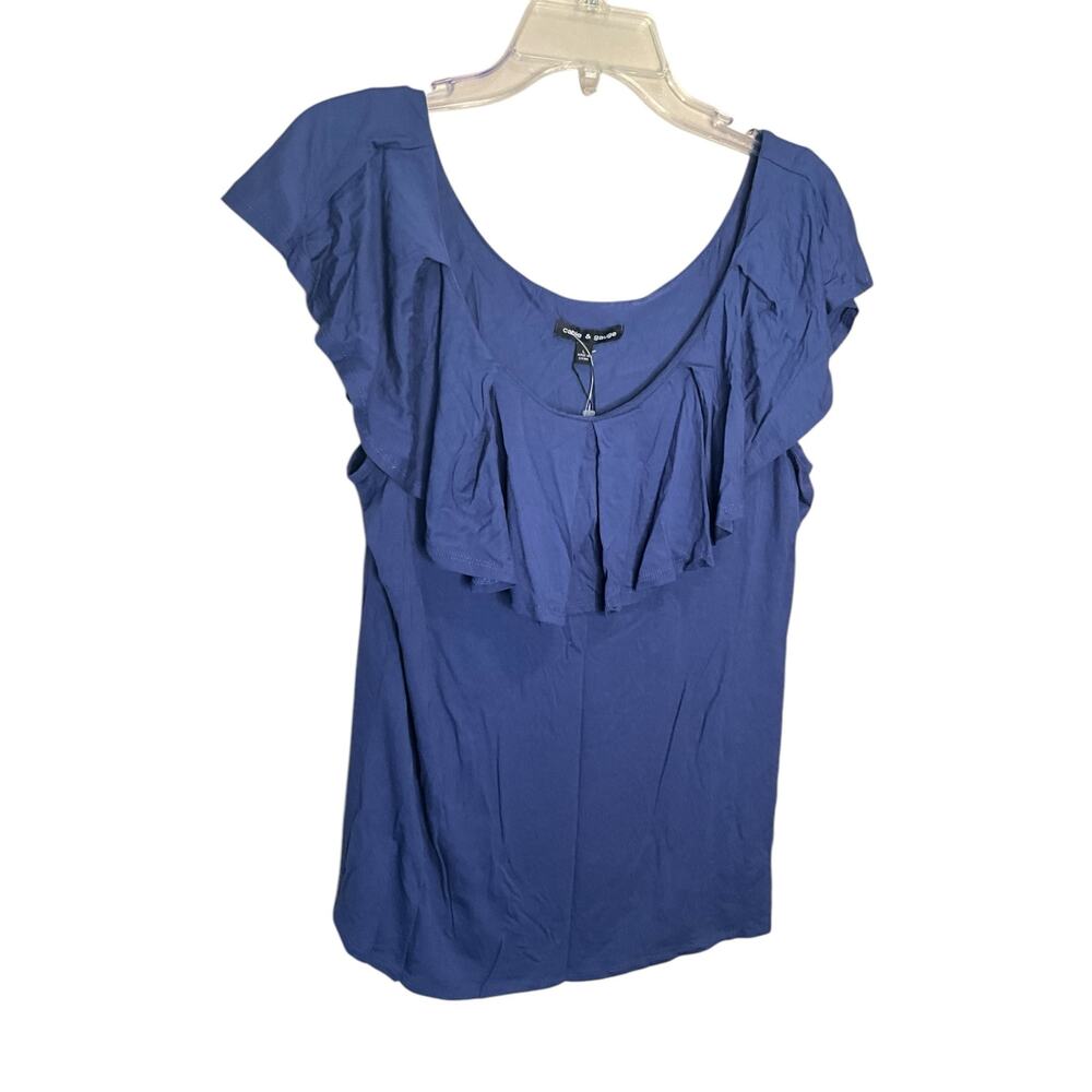Cable & Gauge Ruffle Top Scoop Neck Short Sleeve Pullover Stretchโ Blue Sz L NWT
